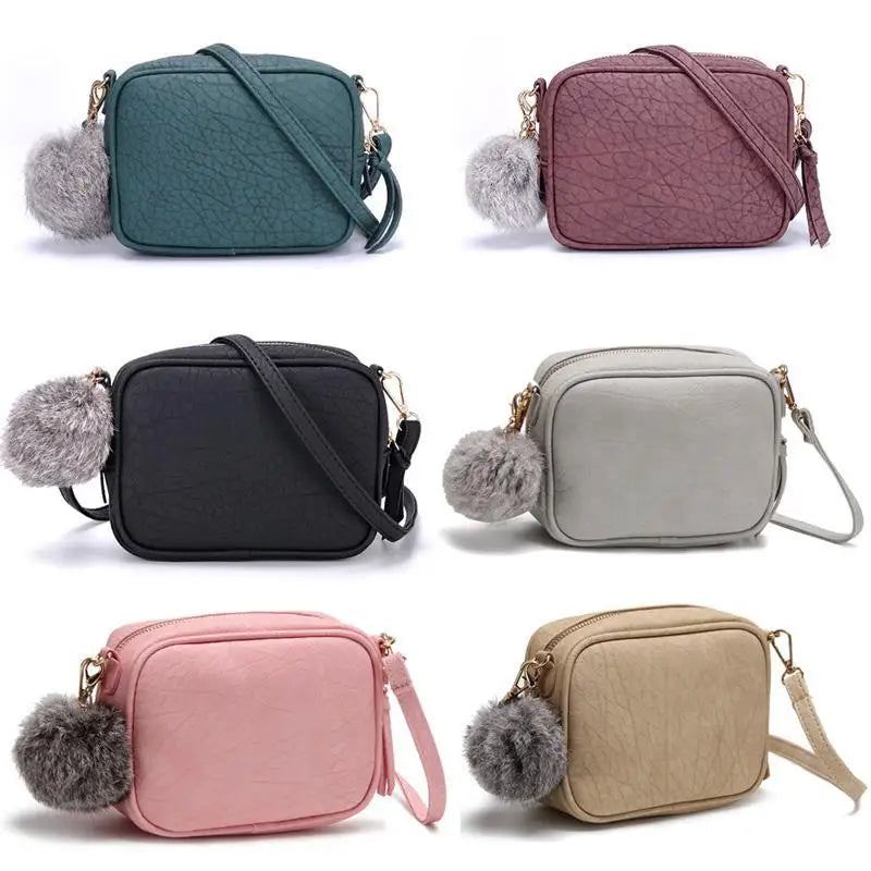 Mini PU Leather Crossbody Bag for Women Girls Purse with Pompom
