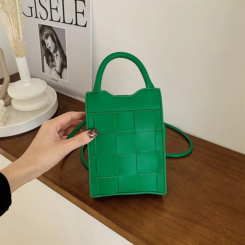 Mini Weave Phone Messenger Bag PU Leather Handbag Summer Shoulder Bag Lady Tote