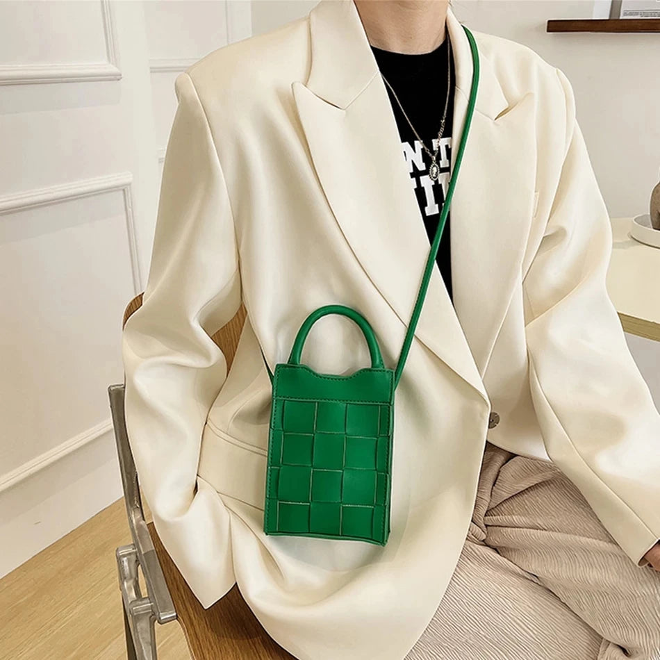 Mini Weave Phone Messenger Bag PU Leather Handbag Summer Shoulder Bag Lady Tote