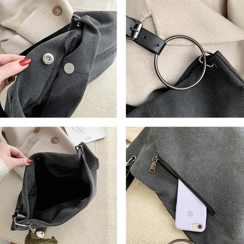 Minimalist Canvas Shoulder Bag Women Large Capacity School Tote Eco Cross Body