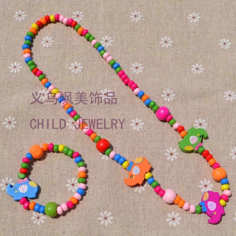 Sweet Girl's Cartoon Jewelry Set: Wooden Necklace & Bracelet
