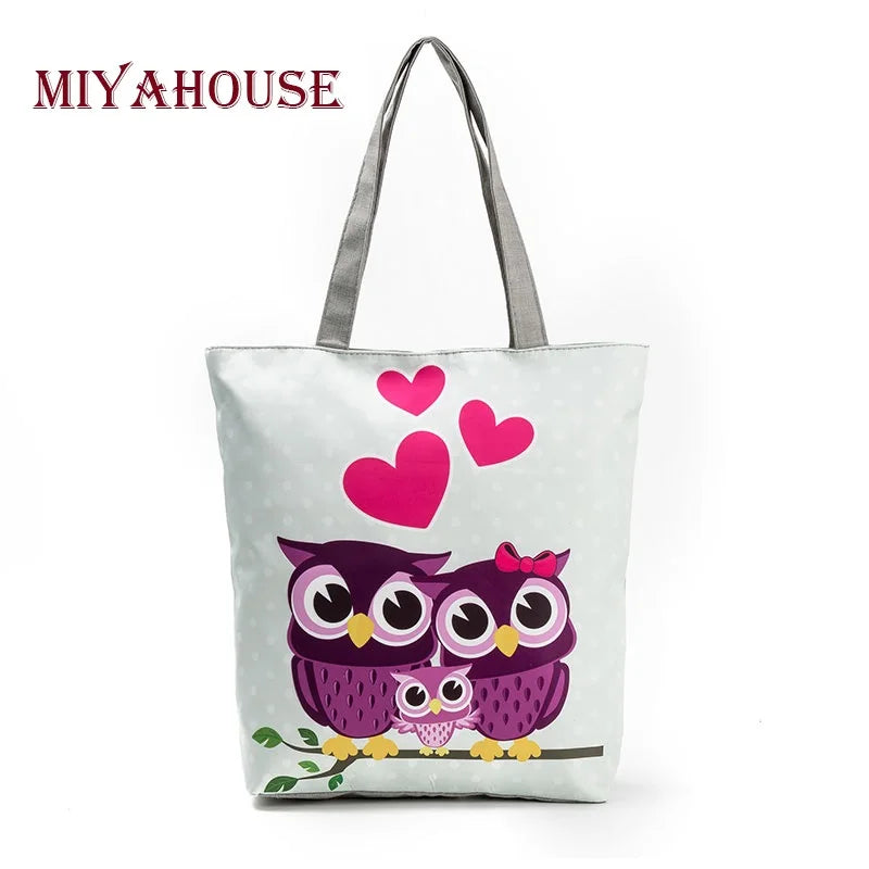 Miyahouse Owl Printed Shoulder Bag Tote Handbag Canvas Beach Bag Lady Shopping