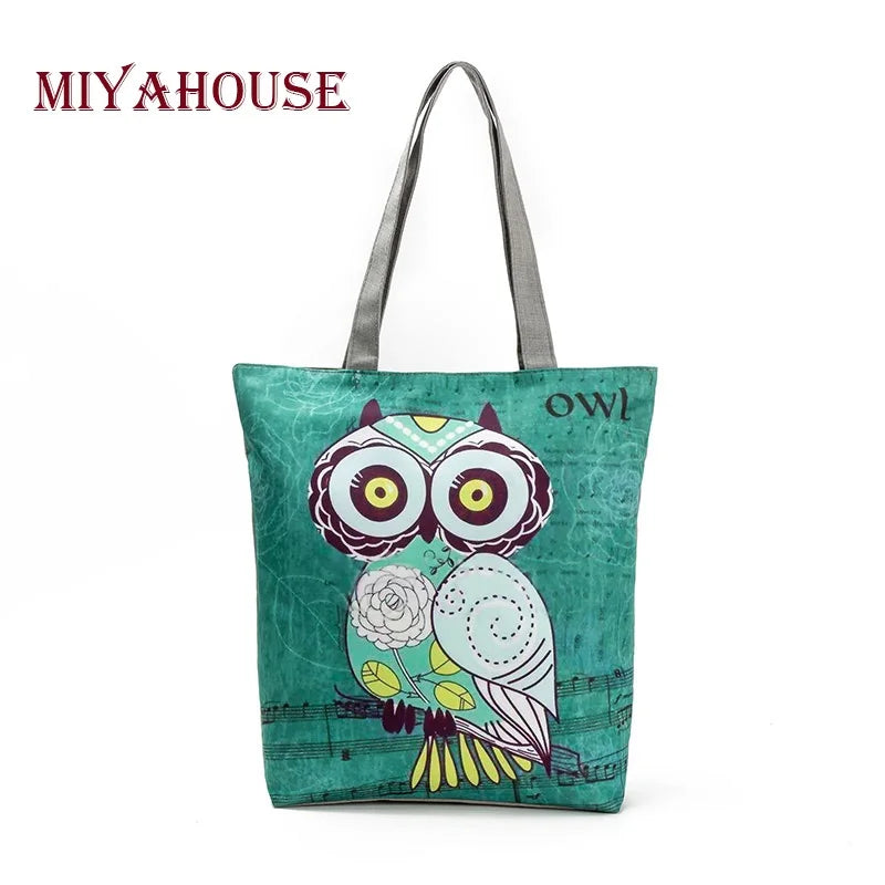 Miyahouse Owl Printed Shoulder Bag Tote Handbag Canvas Beach Bag Lady Shopping