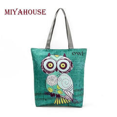 Miyahouse Owl Printed Shoulder Bag Tote Handbag Canvas Beach Bag Lady Shopping