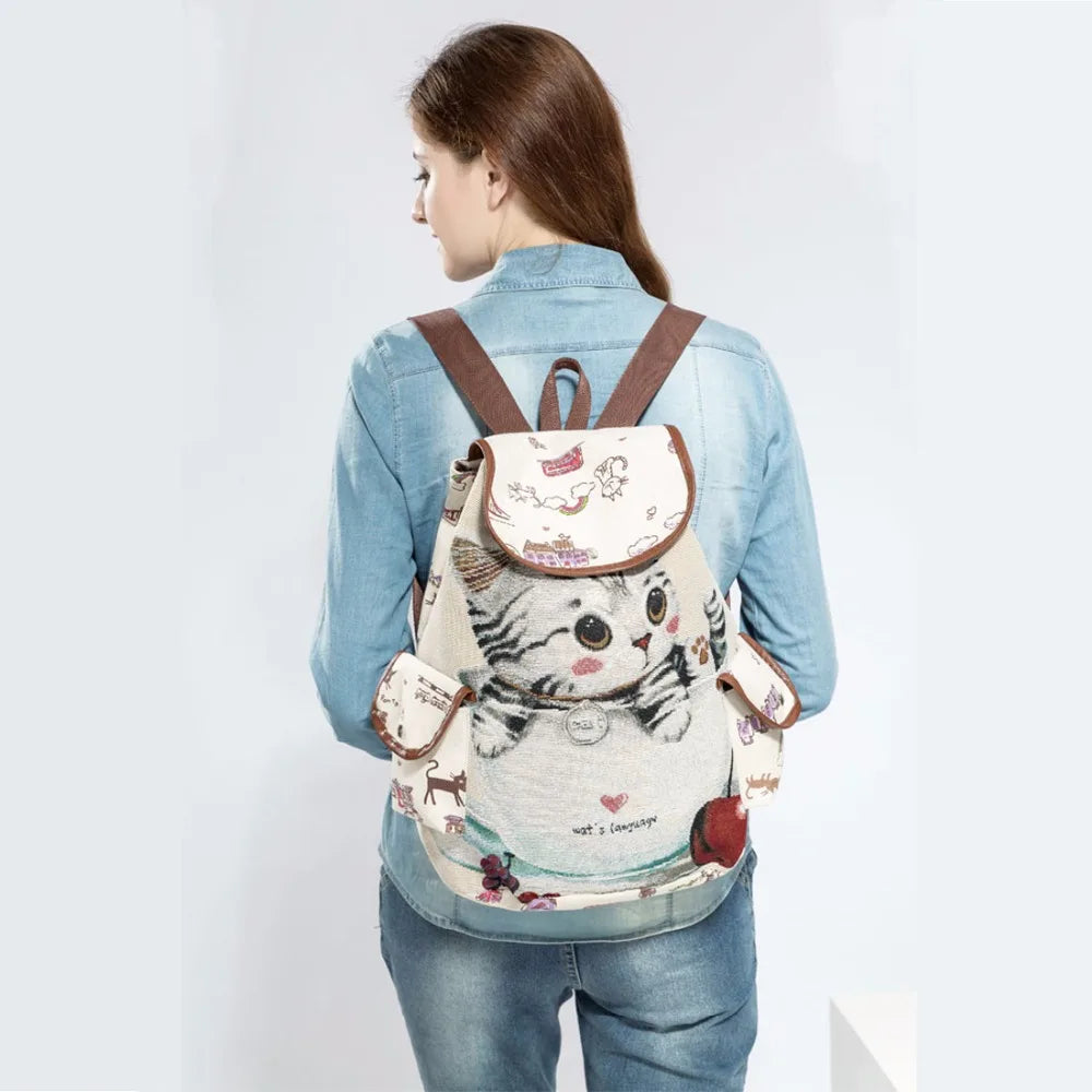 Miyahouse Cat Printed Drawstring Backpack Large Capacity School Bag
