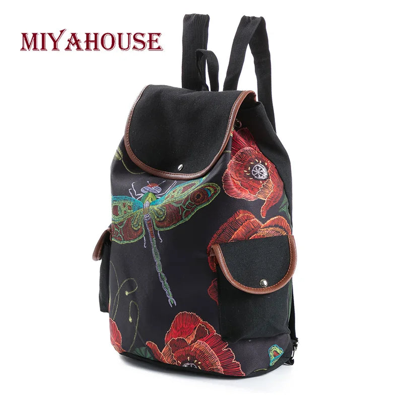 Miyahouse Dragonfly Floral Print Canvas Backpack for Teenage Girls