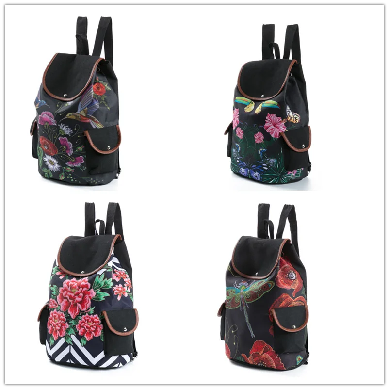 Miyahouse Dragonfly Floral Print Canvas Backpack for Teenage Girls