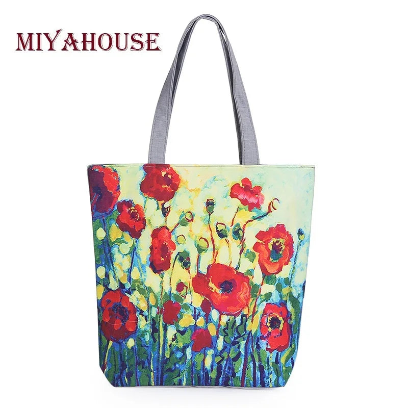 Miyahouse Floral Canvas Tote Bag Large Capacity Women Beach Casual Tote