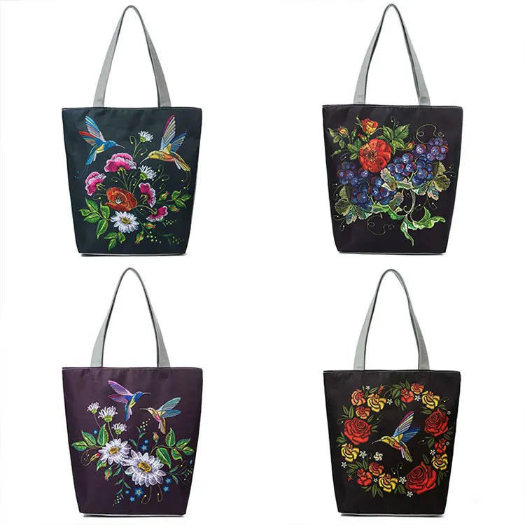 Miyahouse Embroidery Canvas Handbag Floral Bird Printed Lady Shoulder Bag