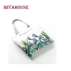 Miyahouse Fresh Canvas Tote Bag Green Cactus Print Shoulder Bag
