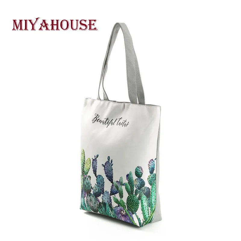 Miyahouse Fresh Canvas Tote Bag Green Cactus Print Shoulder Bag