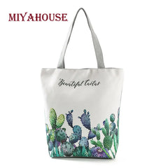 Miyahouse Fresh Canvas Tote Bag Green Cactus Print Shoulder Bag