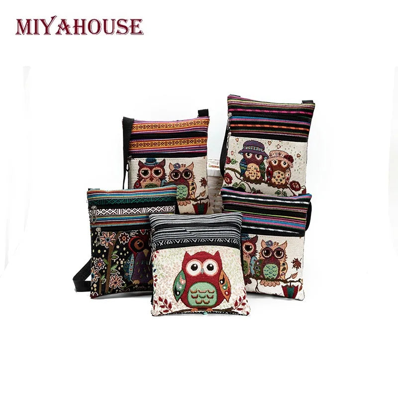 Miyahuose Owl Printed Mini Shoulder Bag Lady Small Double Zipper