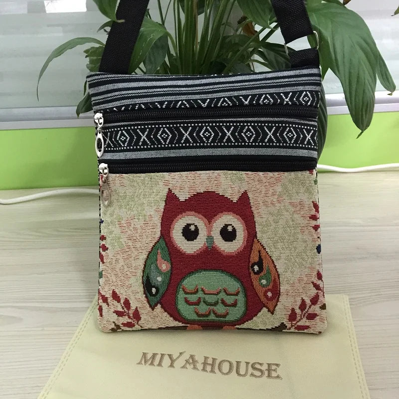 Miyahuose Owl Printed Mini Shoulder Bag Lady Small Double Zipper