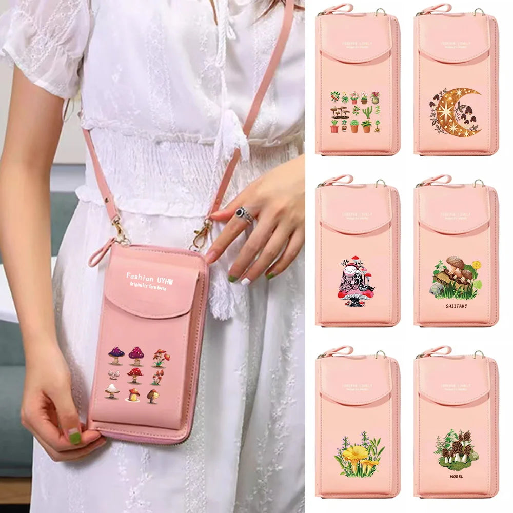 Mushroom Print Cell Phone Crossbody Bag Wallet Organizer