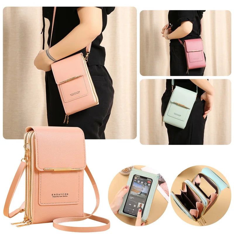 Women's Leather Crossbody Phone Bag Touch Screen Purse