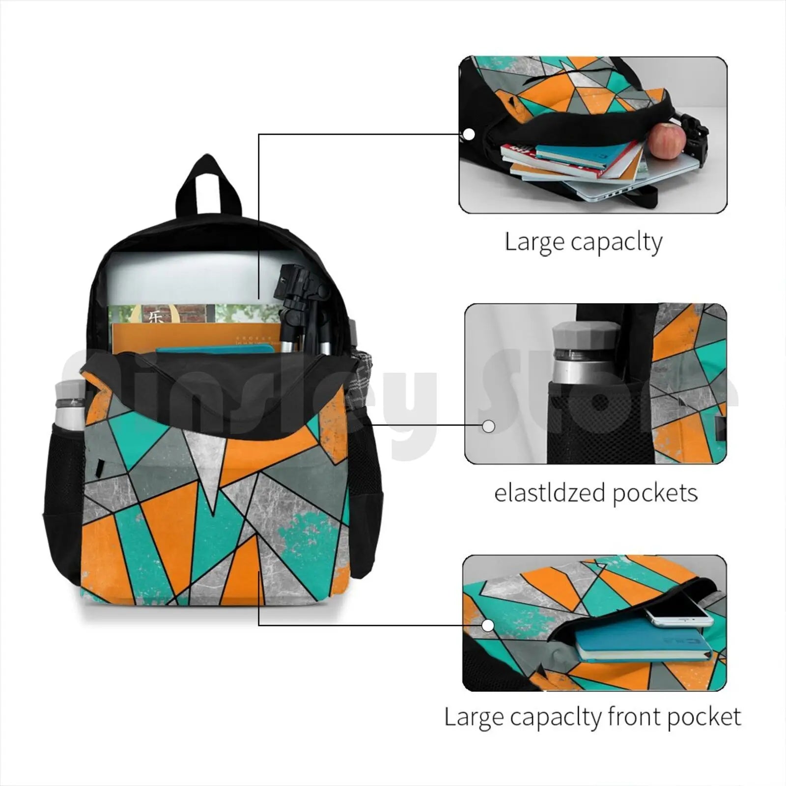 Modern Rustic Orange Teal Gray Silver Geometric Backpack