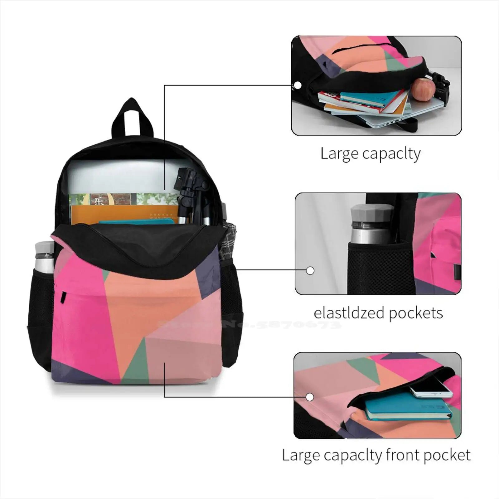 Modern Triangle 3D Print Backpack Casual Bag Colorful Living Room Messy