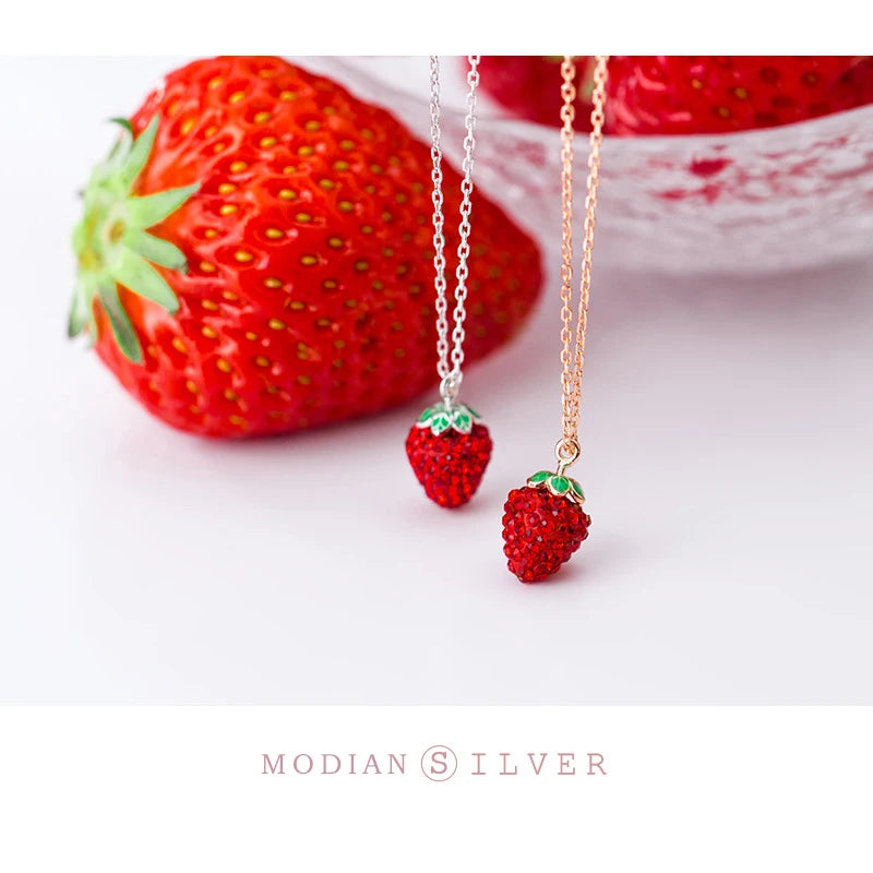 925 Silver Strawberry Pendant Necklace Crystal Chain Link Necklaces