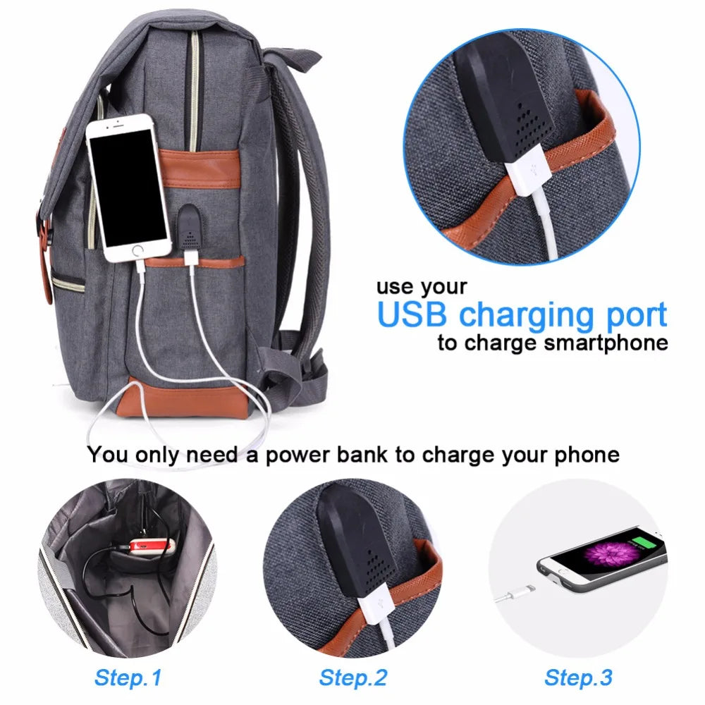 Vintage Laptop Backpack USB Charging Port Lightweight School Bag