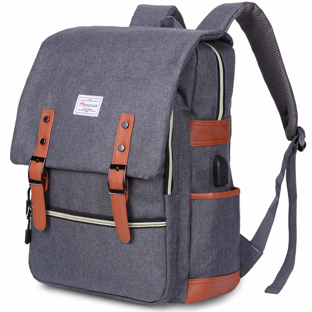 Vintage Laptop Backpack USB Charging Port Lightweight School Bag