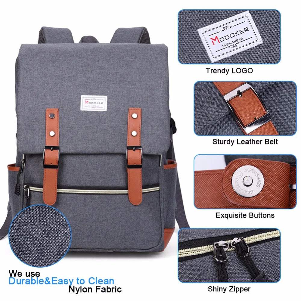 Vintage Laptop Backpack USB Charging Port Lightweight School Bag