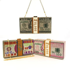 Rhinestone Money Clutch Purse for Women, 10000 Dollars Cash Stack Evening Bag