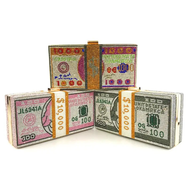 Rhinestone Money Clutch Purse $10,000 Cash Evening Bag