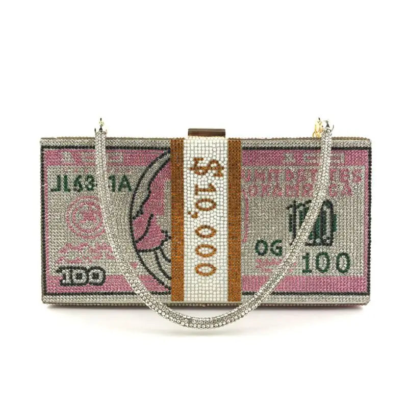 Rhinestone Money Clutch Purse $10,000 Cash Evening Bag