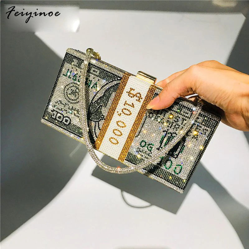 Rhinestone Money Clutch Purse $10,000 Cash Evening Bag