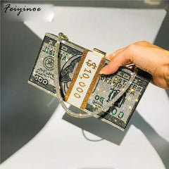 Rhinestone Money Clutch Purse $10,000 Cash Evening Bag