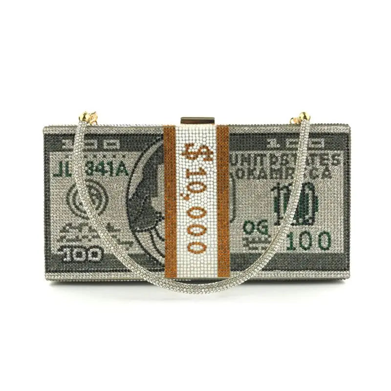 Rhinestone Money Clutch Purse $10,000 Cash Evening Bag