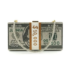 Rhinestone Money Clutch Purse $10,000 Cash Evening Bag