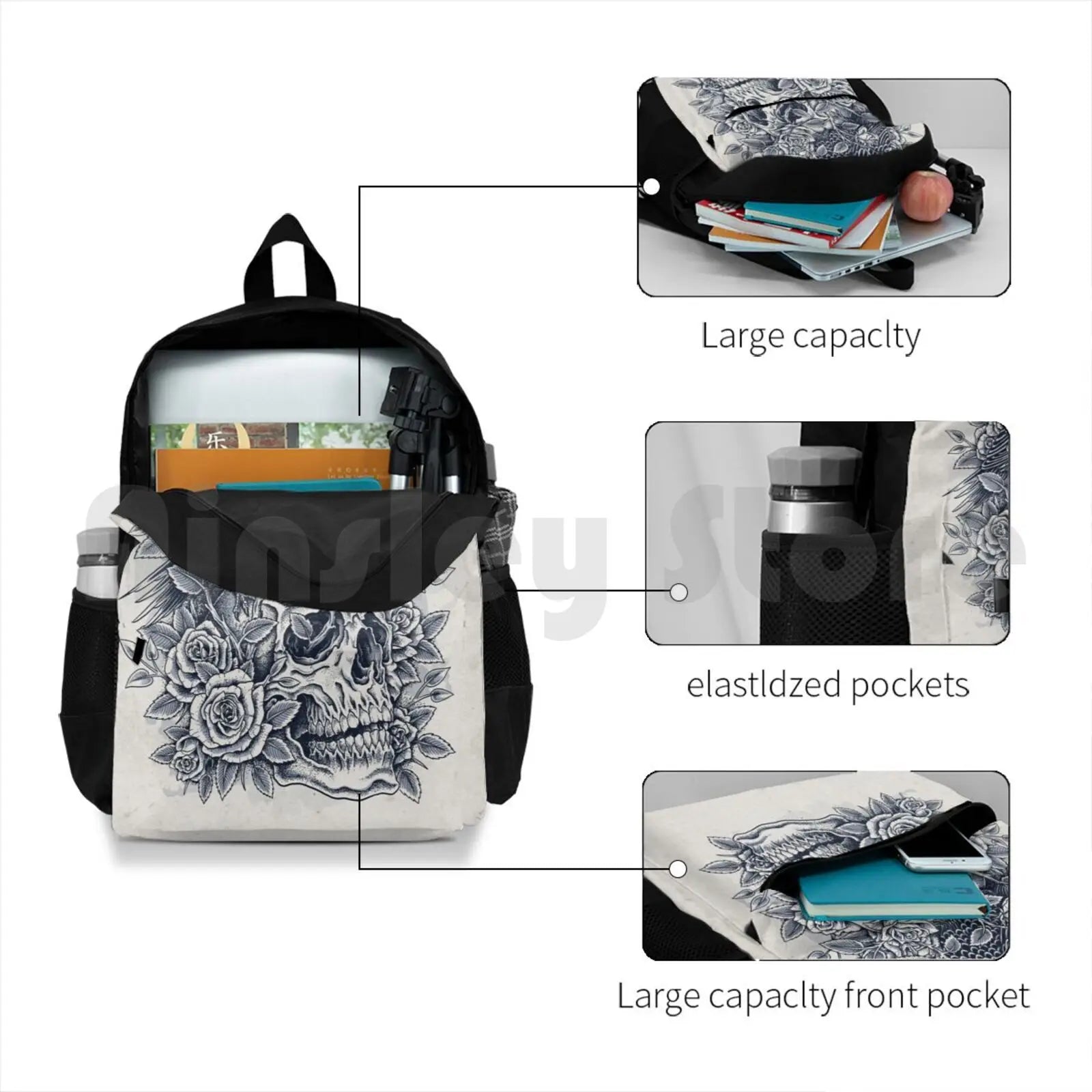 Monochrome Floral Skull Outdoor Hiking Backpack Riding Climbing Sports Bag