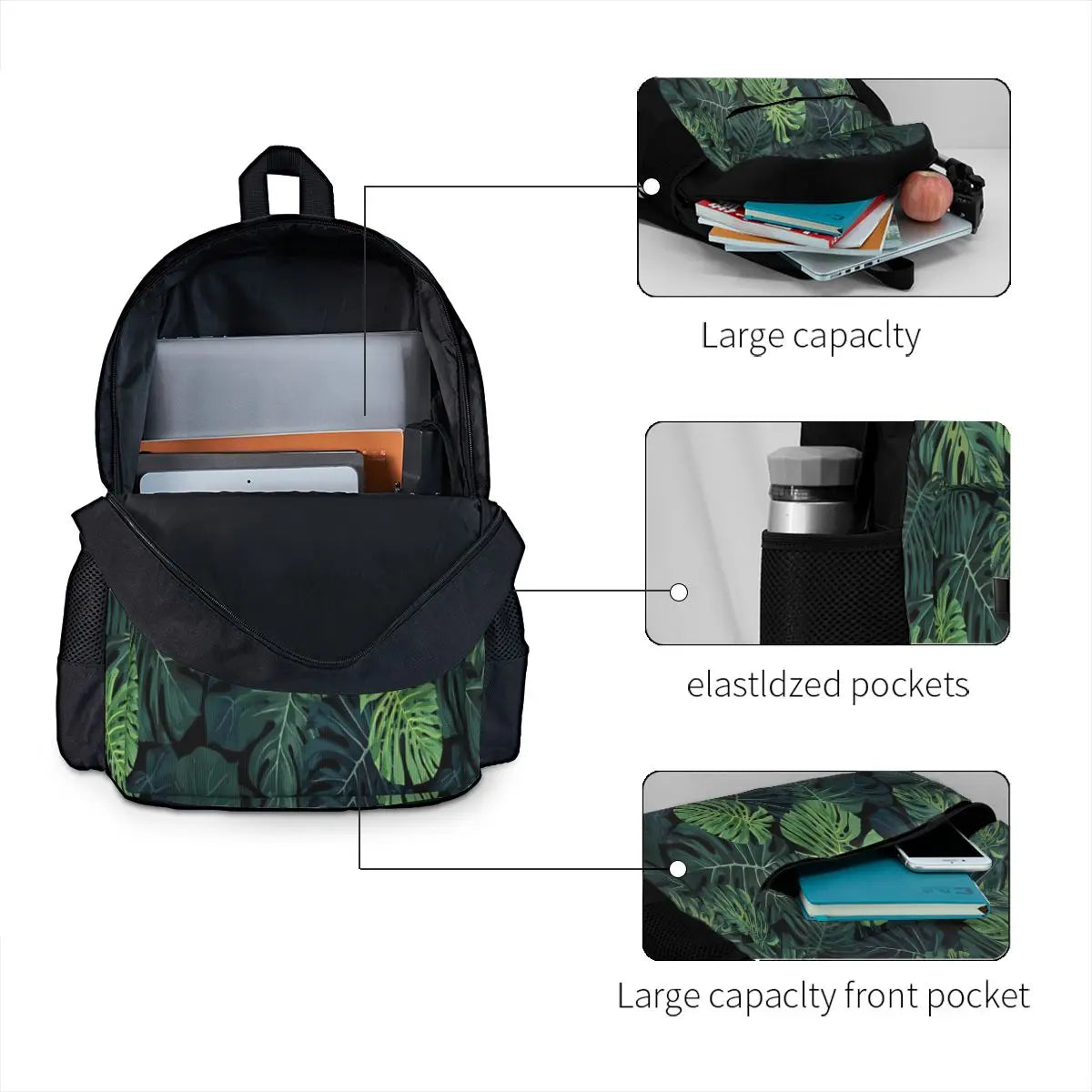 Monstera Leaves Backpacks Zipper Close Men's Women's Bag
