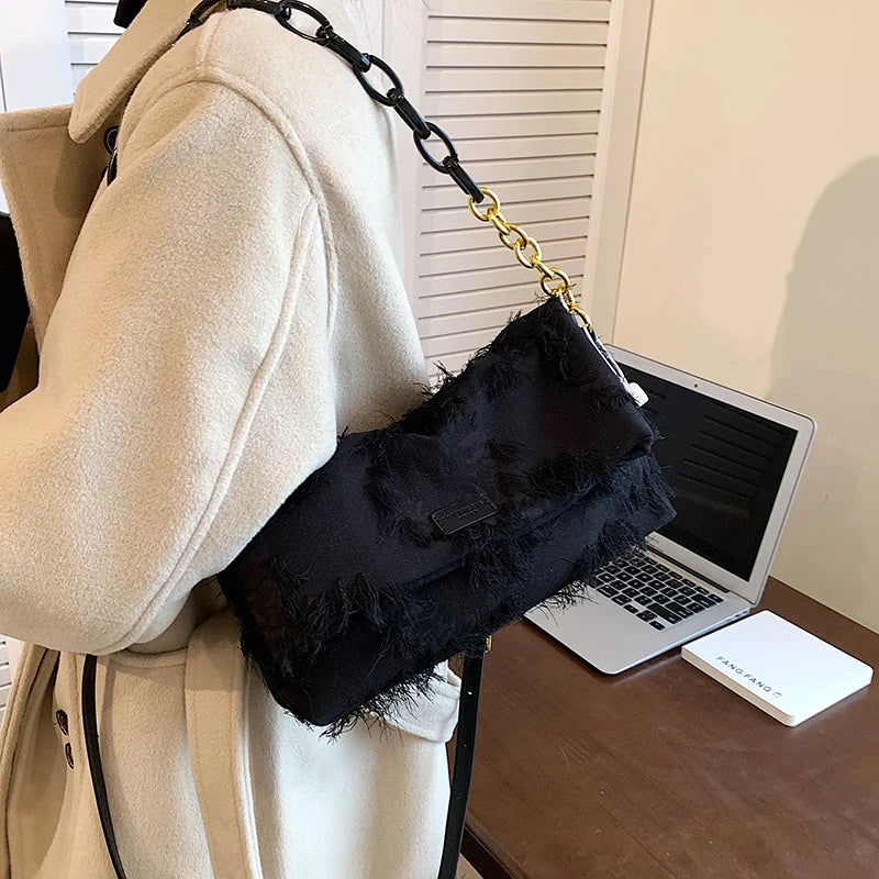 Moods Shoulder Bags Canvas Embroidery Acrylic Chain Crossbody