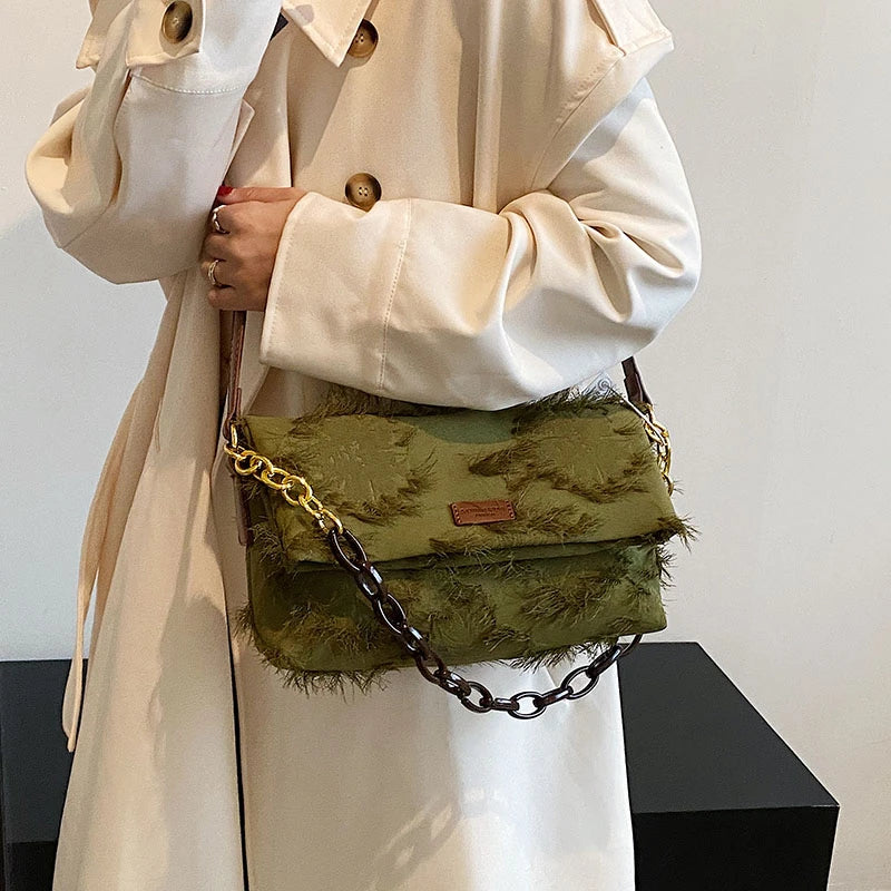 Moods Shoulder Bags Canvas Embroidery Acrylic Chain Crossbody