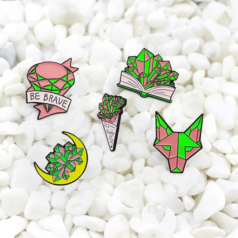 Moon Book Flower Wolf Enamel Pins Magic Crystal Witch Brooches