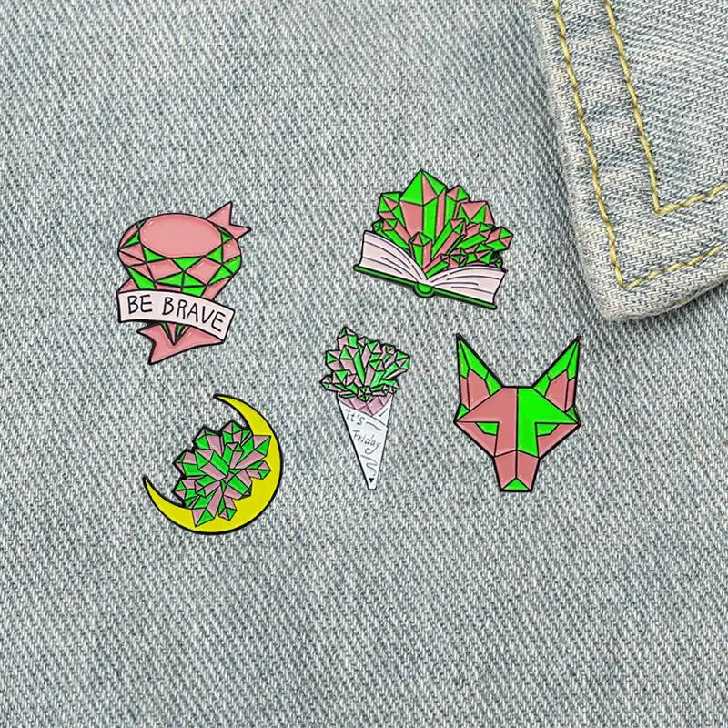 Moon Book Flower Wolf Enamel Pins Magic Crystal Witch Brooches