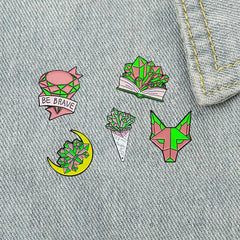 Moon Book Flower Wolf Enamel Pins Magic Crystal Witch Brooches
