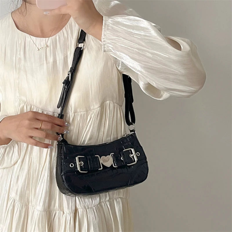 Crocodile Pattern Shoulder Bag with Metal Heart Detail