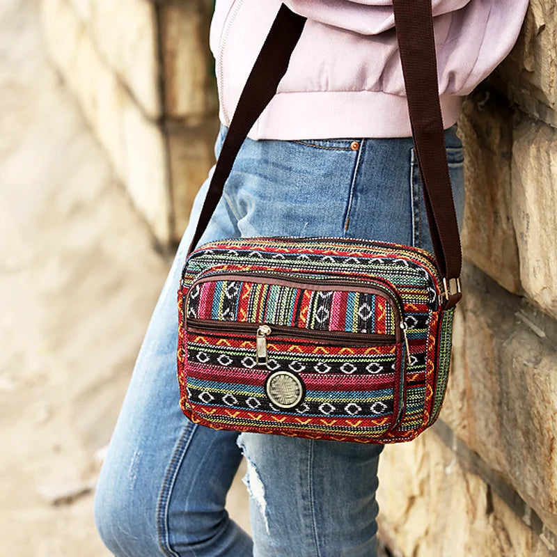 Striped Canvas Crossbody Bag for Women