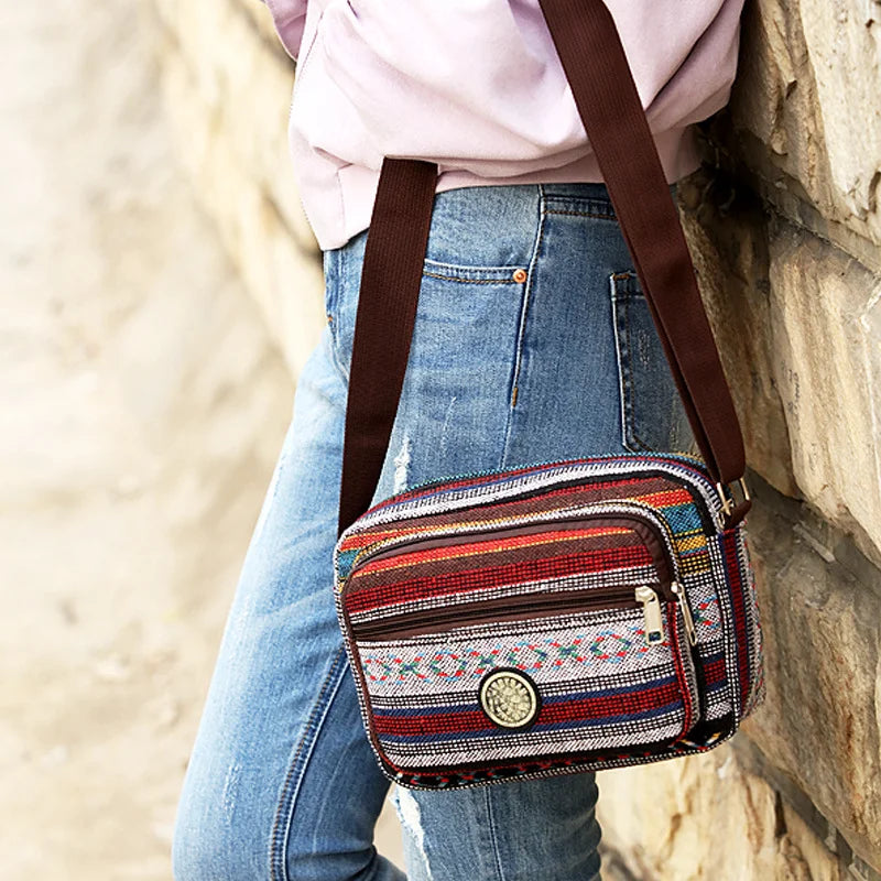 Layer Messenger Bag Women Striped Canvas Crossbody Bag