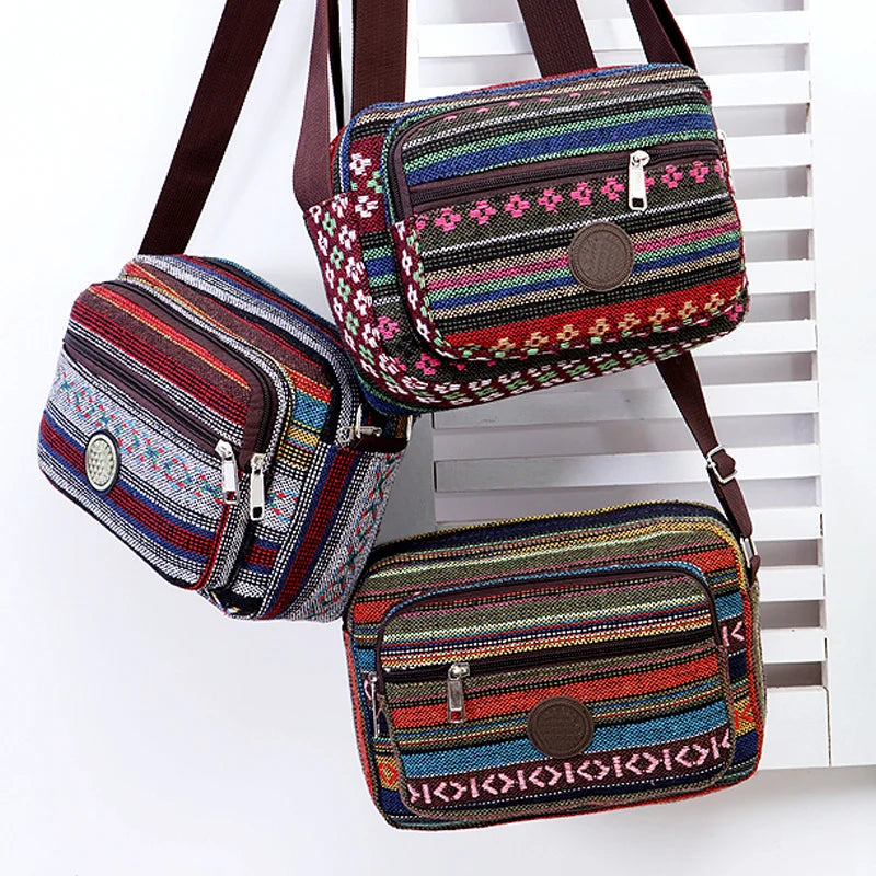 Layer Messenger Bag Women Striped Canvas Crossbody Bag