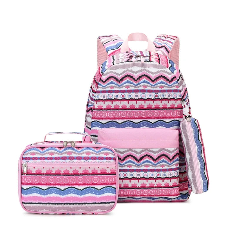 Striped School Backpack with Lunch Tote Pencil Bag for Student Boys Girls
