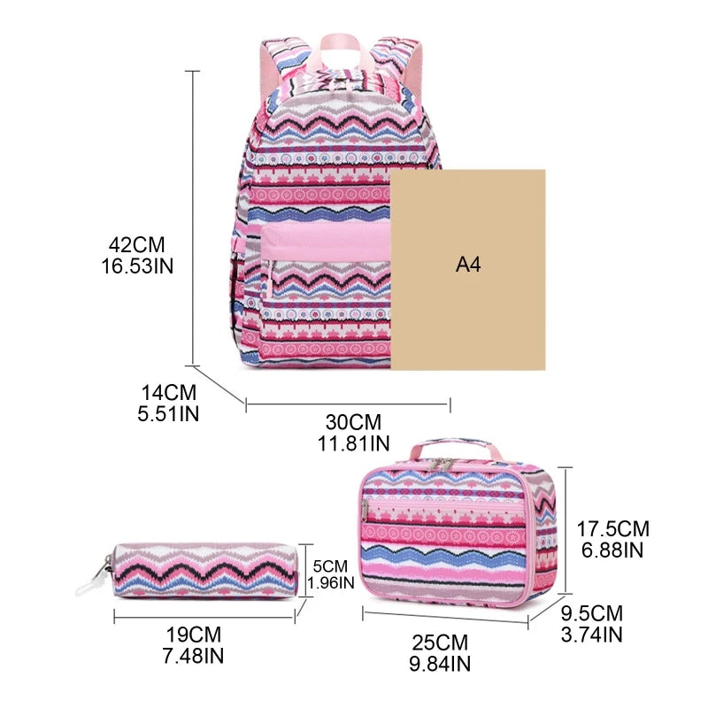 Striped School Backpack with Lunch Tote Pencil Bag for Student Boys Girls