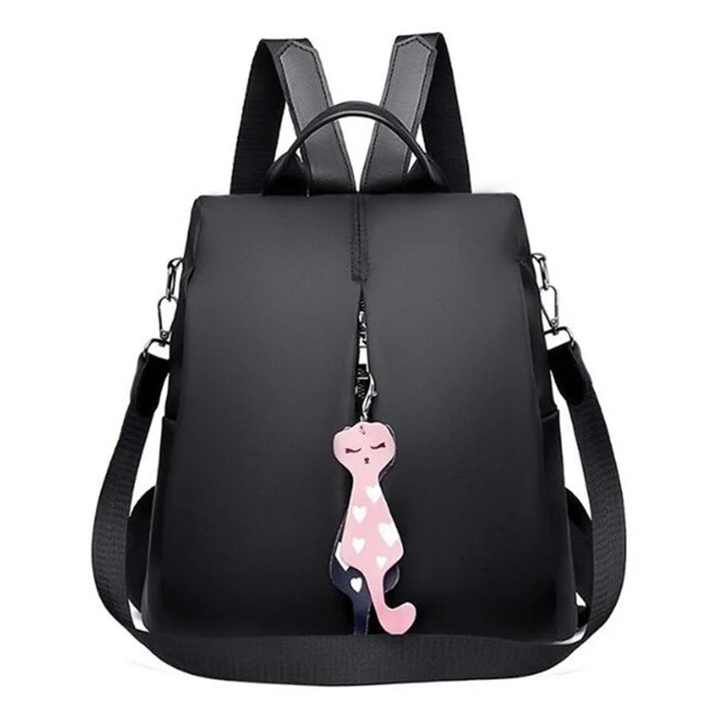 Nylon Backpack Large Daypack with Cat Pendant Women Travel Shoulder Bags