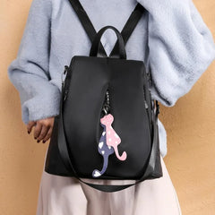Nylon Backpack Large Daypack with Cat Pendant Women Travel Shoulder Bags