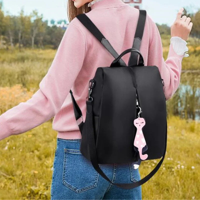 Nylon Backpack Large Daypack with Cat Pendant Women Travel Shoulder Bags