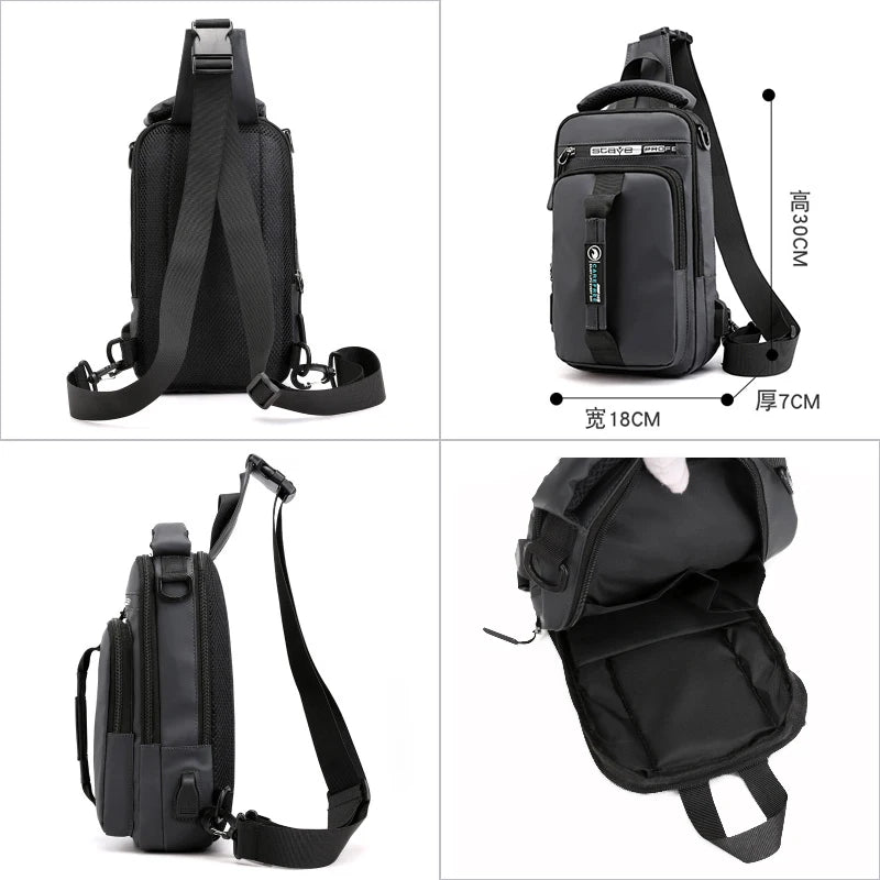 Men's USB Charging Crossbody Bag Waterproof Chest Pack